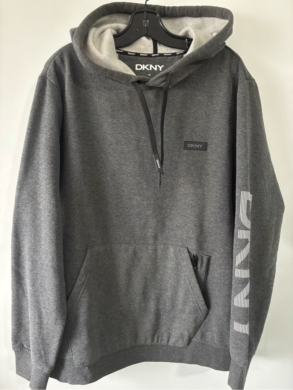 Dkny Men's Charcoal Gray Hooded Sweatshirt with Sleeve Logo